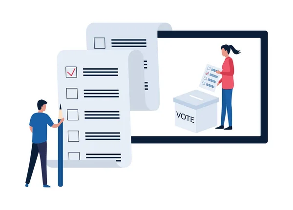 Concepto de votación en línea. Un hombre rellena un boletín, una mujer vota en elecciones, referendos. Ilustración vectorial plana aislada sobre fondo blanco . — Vector de stock