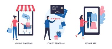 Çevrimiçi alışveriş, sadakat programı, mobil uygulama. E-ticaret, müşteri edinme, indirimler, sadakat kartları, mobil uygulamalardaki alımlar. Düz vektör çizimi beyaz sırtta izole edildi