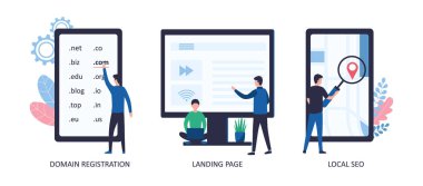 Alan adı, iniş sayfası, yerel Seo. Web geliştirme ve web sitesi tanıtım kavramları. Alan adı seçmek, web sitesi kurmak, promosyon. Düz vektör çizimi beyaz sırtta izole edildi