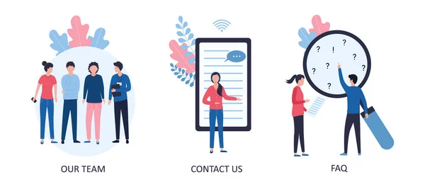 Our team, contact us, FAQ. Concepts for web site, landing page, templates, banners. Support service, dispatcher, hotline. Flat vector illustration isolated on white background. — 스톡 벡터