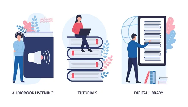 Het concept van het luisteren naar audioboeken, het bestuderen van tutorials, een digitale bibliotheek. Set van 3 vector platte illustraties op een witte achtergrond. Jonge mannen en vrouwen lezen en luisteren naar boeken, downloaden online. — Stockvector