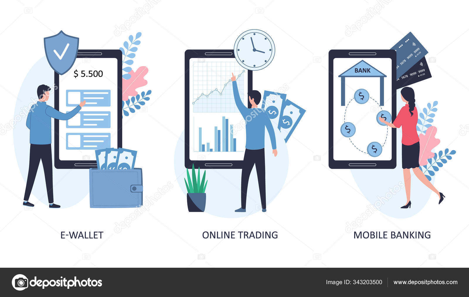 Concept electronic wallet, online trading, mobile banking. Set of 3 vector  flat illustrations on a white background. Money transfers, cashless  payments, purchase and sale of shares. Stock Vector Image by ©limele  #343203500