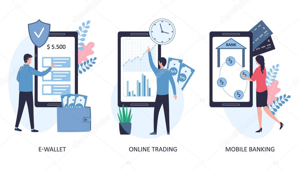 Concept electronic wallet, online trading, mobile banking. Set of 3 vector flat illustrations on a white background. Money transfers, cashless payments, purchase and sale of shares.