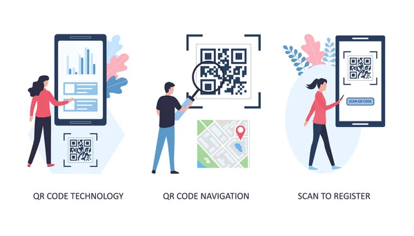 Concetti Navigazione, registrazione e tecnologia dei codici QR. Set di 3 immagini. Cercare strade utilizzando una scansione del codice, registrarsi sui siti. Illustrazione vettoriale piatta isolata su sfondo bianco . — Vettoriale Stock