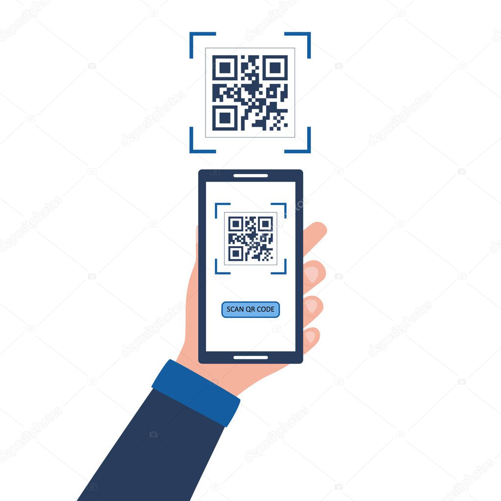 A hand with a smartphone scans a QR code. Men's hands hold the phone. Flat vector illustration isolated on white background.