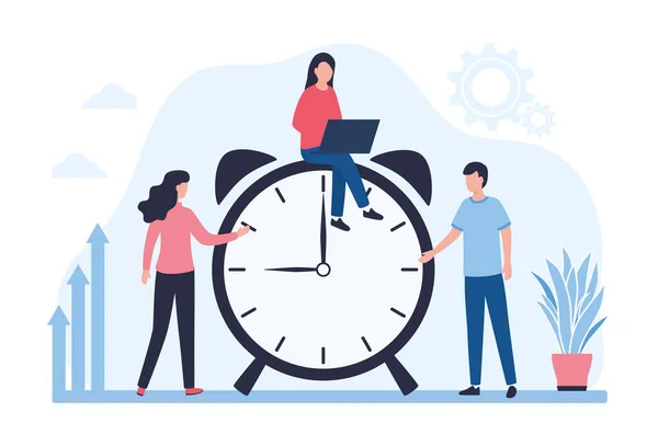 Vector illustration of business time management concept. The team of employees enthusiastically works and discusses the development plan of the company, market research, analyzes the growth rate. — Stock Vector