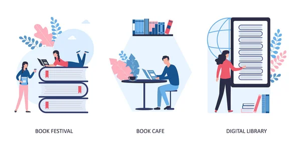 Üç kavram seti: kitap festivali ve kafe, dijital kütüphane. İnsanlar ayakta duruyor, yalan söylüyor ve kitap okuyor. Kız edebiyatı internetten seçiyor. Düz vektör illüstrasyonu.