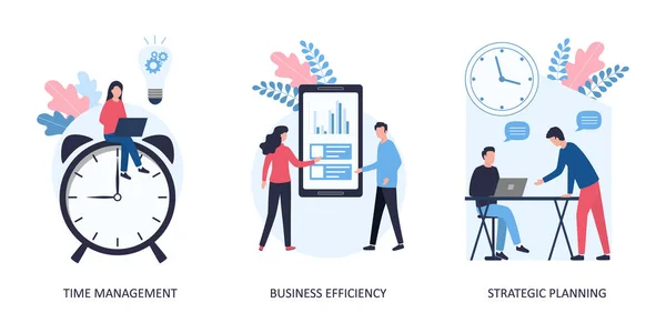 Set van 3 concepten: time management, business efficiency, strategische planning. Kantoormedewerkers plannen een dag, evalueren de effectiviteit. Een meisje zit op wacht, mannen praten erover. Vlakke vector — Stockvector