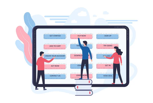 ベクトルはアクションコンセプトを呼び出します サイトページにはユーザーと購入者のためのオファーが含まれています 購入し カートに追加し 登録し アカウントを作成し アップロードし ソーシャルネットワークに登録し ツアーに参加します — ストックベクタ