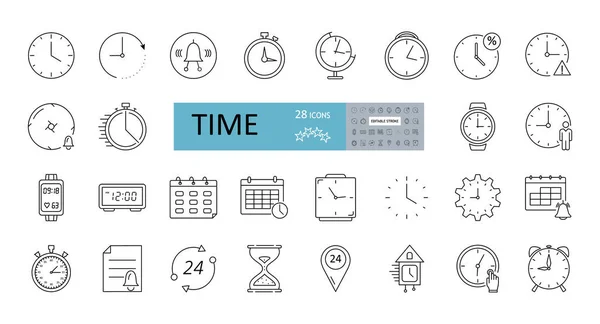 Set Time Icons Editable Stroke Linear Icon Clock Wall Cuckoo — Stock Vector