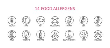 14 round food allergens icon. Vector set of 14 icons. Collection includes gluten, fish, egg, crustacean, peanut, lupin, soya, milk, trees nuts, mustard, sesame, sulphur dioxide. clipart