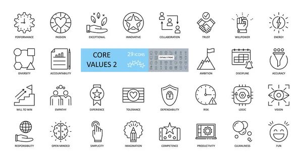 Conjunto Iconos Valores Centrales Imágenes Vectoriales Con Trazo Editable Incluye — Vector de stock