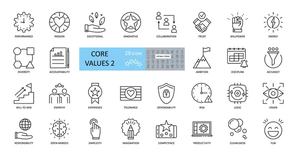 Set Van Pictogrammen Kernwaarden Vectorbeelden Met Instelbare Slag Omvat Kwaliteiten — Stockvector