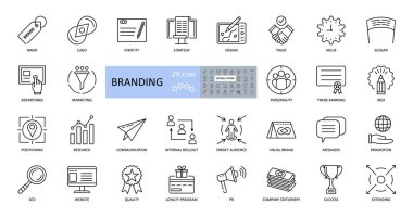 Marka simgeleri. Düzenlenebilir darbeyle 29 vektör görüntüsü. İsim, logo, strateji, reklam, fikir, slogan, güven, web sitesi, değerler, hedef kitle, promosyon, sadakat programı, kalite