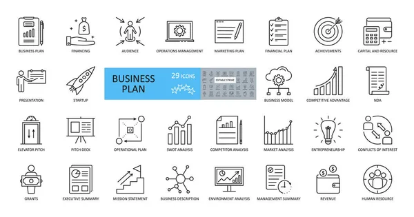 Vektör iş planı simgeleri. 29 görüntüden oluşan düzenlenebilir bir set. Planlama, finansman, bağış, izleyici, sunum, pazarlama, SWOT analizi, başlangıç, çıkar çatışması, asansör sahası