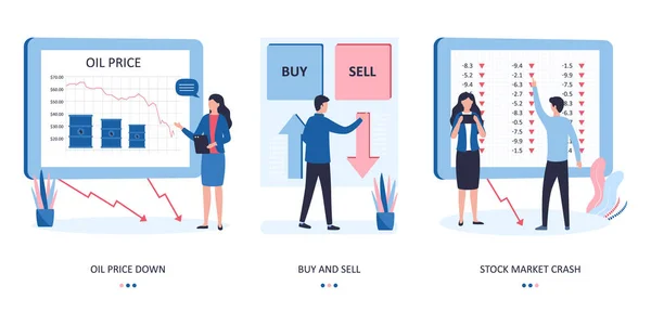 Een Set Van Drie Concepten Dalende Olieprijzen Kopen Verkopen Van — Stockvector