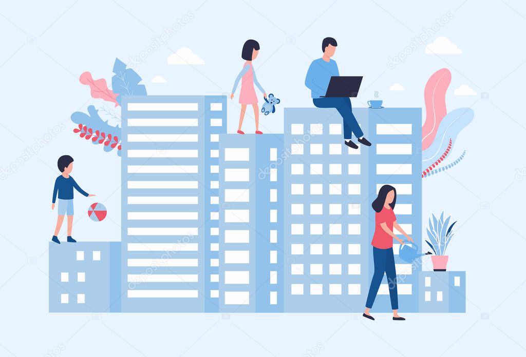 The family spends time at home. Family vacation concept. Mom is watering flowers, dad is looking at laptop and drinking hot drink, a boy is playing with ball, a girl is with a teddy bear. Flat vector