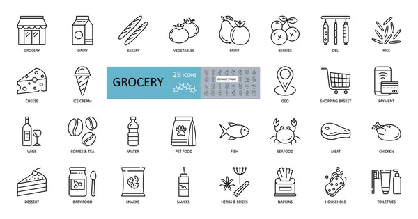Düzenlenebilir felçli 29 market ikonundan oluşan vektör kümesi. Bakkal, çevrimiçi satış, coğrafi dağıtım, tüketici sepeti, süt ürünleri ve et ürünleri, ekmek, sebze, meyve