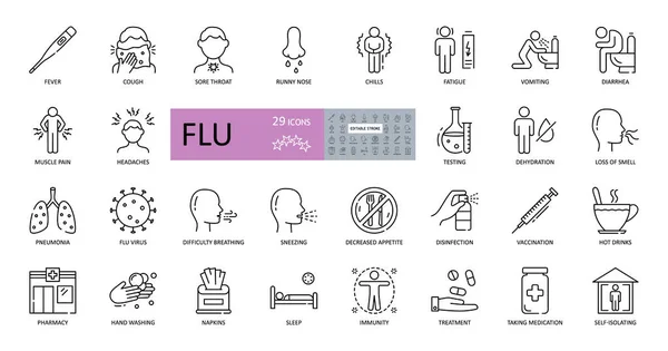 Set Ikon Vektor Flu Dengan Stroke Editable Gejala Pengobatan Dan - Stok Vektor