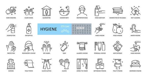 Hijyen simgeleri. 29 görüntüden oluşan düzenlenebilir bir set. El hijyeni, vücut, ev, giysi, yatak. Sabun, duş, solunum maskesi, antiseptik, karantina, mesafe