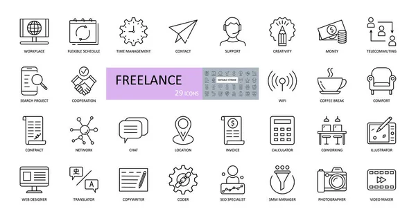 Freelance Iconen Bewerkbare Slagvector Set Omvat Werkplek Flexibel Schema Project — Stockvector