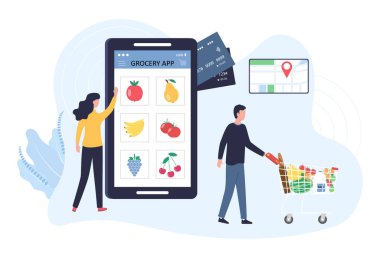Çevrimiçi market başvurusu kavramı. Genç bir aile internet üzerinden yiyecek satın alır. Bir adam market arabasını yuvarlar, bir kadın akıllı telefondan sipariş verir. Beyaz arkaplanda vektör illüstrasyonu.
