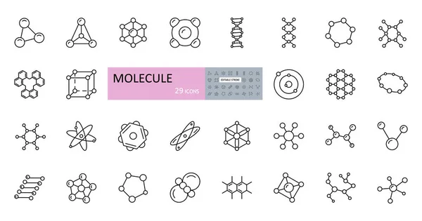 Vektör molekül simgeleri. Düzenlenebilir vuruş simgeleri. Molekül yapısı, kimyasal bağlar, atom, bilimsel araştırma, elektron yörüngesi, DNA zinciri, elementler.
