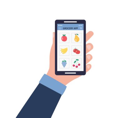 İnternetteki market uygulamaları. Bir adam internetten yemek alıyor. Erkek el, başvuru formunda akıllı telefon tutuyor. Meyveler, sebzeler, ürün sepeti. Beyaz arkaplanda vektör illüstrasyonu.