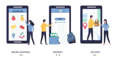 Çevrimiçi market uygulaması, ödeme, teslimat. Bir kadın akıllı telefondan yemek sipariş eder, bir erkek çekini kartla öder, bir kadın sipariş alır. Beyaz arkaplanda vektör illüstrasyonu.