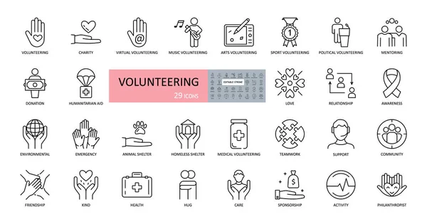 Волонтерство Благодійні Ікони Набір Зображень Зміненим Штрихом Допомога Підтримка Дітей — стоковий вектор