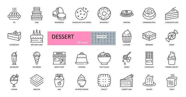 向量集的甜点图标 可编辑的中风 包括受欢迎的甜食 水果沙拉 巧克力酸奶 巧克力酱 — 图库矢量图片