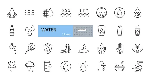 向量集的水图标 可编辑的中风 从水龙头 智能手机 放大镜 洗手和淋浴的一滴水 — 图库矢量图片