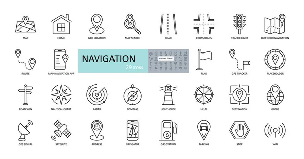 Icone Navigazione Vettoriale Ictus Modificabile Immagini Terra Aria Navigazione Marittima — Vettoriale Stock