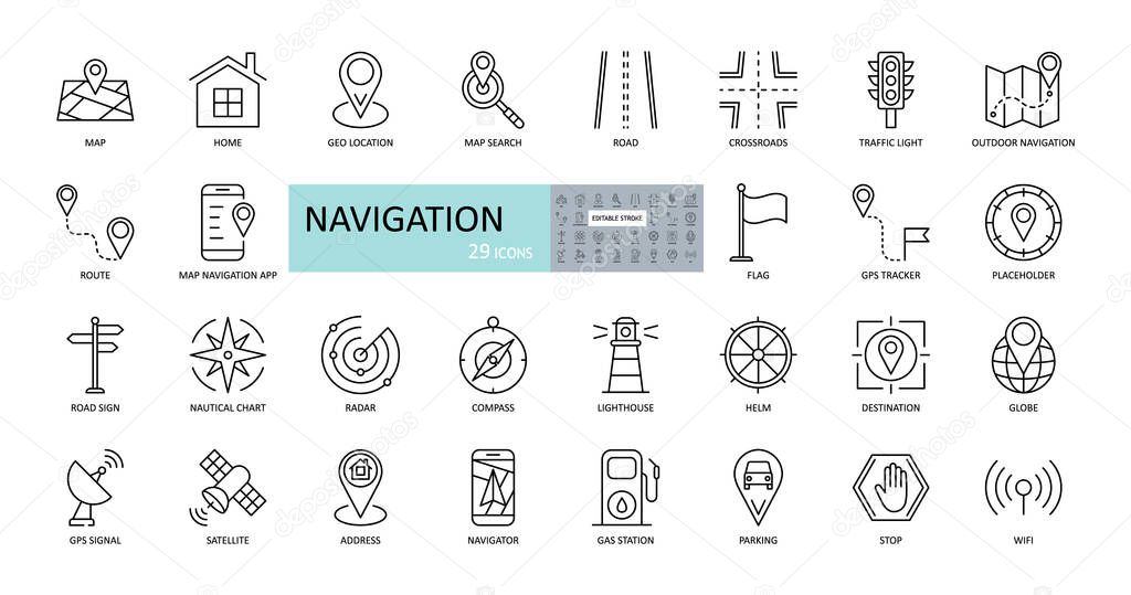 Vector navigation icons. Editable Stroke. Images of land, air, sea navigation. Road, route, map, stop sign, satellite, globe, radar, GPS, compass, application.