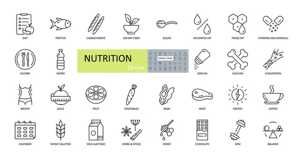 Iconos Nutrición Vectorial Trazo Editable Nutrientes Alimentos Dieta Pérdida Peso — Vector de stock