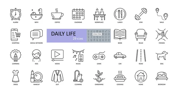 Vektor Symbole Des Täglichen Lebens Editierbarer Schlaganfall Tagesablauf Haushalt Arbeit — Stockvektor