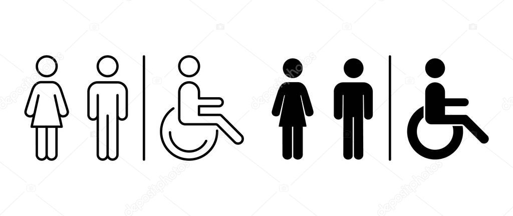Vector toilet icons. Man, woman, handicap. Images line and black silhouette. Restroom, bathroom in a public area, navigation.