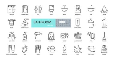 Vektör banyo simgeleri. Düzenlenebilir Vuruş. Duş, banyo, tuvalet, bide, ayna, su musluğu. Çamaşır ve çöp sepeti. Kozmetik şampuan tarak kremi. Tuvalet kağıdı peçeteleri..