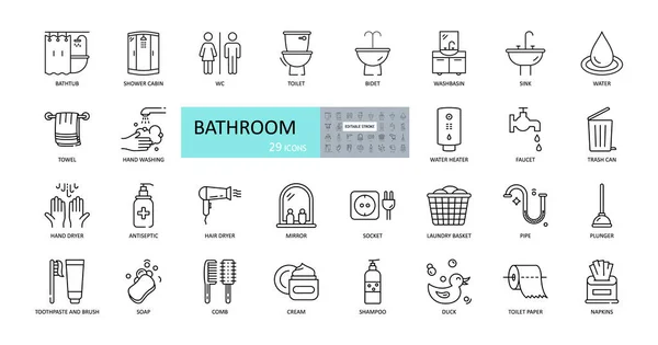 Vektör banyo simgeleri. Düzenlenebilir Vuruş. Duş, banyo, tuvalet, bide, ayna, su musluğu. Çamaşır ve çöp sepeti. Kozmetik şampuan tarak kremi. Tuvalet kağıdı peçeteleri..