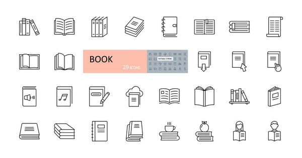 Vector Boek Iconen Bewerkbare Stroke Lezen Bibliotheek Stapel Boeken Open — Stockvector