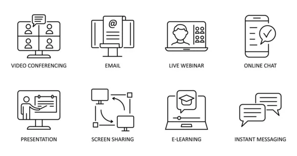 Vektör çevrimiçi iletişim simgeleri. Düzenlenebilir Vuruş. Video konferansı, çevrimiçi sohbet ve e-posta, canlı webinar, anlık mesajlaşma, çevrimiçi sunum, ekran paylaşımı, e-öğrenme