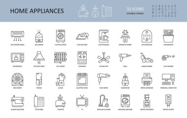 Vektör ev aletleri simgeleri. 32 düzenlenebilir vuruş simgesi koleksiyonu. Yemek, temizlik, çamaşır ve güzellik için elektronik ekipman. Elektrik süpürgesi, klima, iyonlaştırıcı, nemlendirici, bulaşık makinesi.