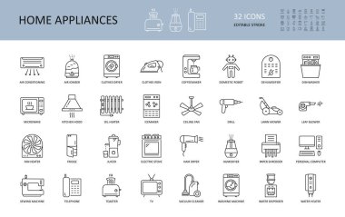 Vector home appliances icons. Collection of 32 editable stroke icons. Electronic equipment for cooking, cleaning, laundry, beauty. Vacuum cleaner, air conditioning, ionizer, humidifier, dishwasher clipart