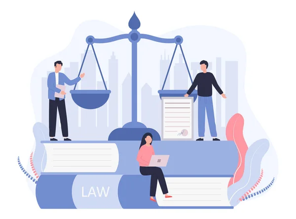Kavram Kanunu, Adalet. Yasal hizmet, avukat hizmetleri, noter. Şehrin arka planına karşı erkekler hukuki konuları tartışıyor, bir kadın dizüstü bilgisayarla çalışıyor. Beyaz arkaplan üzerinde vektör düz illüstrasyon.
