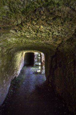 Sutri, Viterbo, Lazio, İtalya 'daki Kırmızı Tuff kayasından oyulmuş mezarları olan Etrüsk mezarlığı.