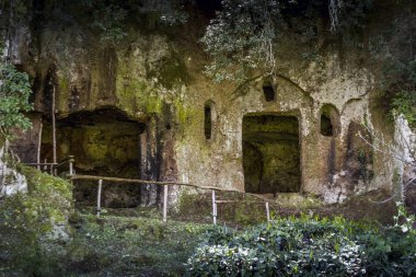 Sutri, Viterbo, Lazio, İtalya 'daki Kırmızı Tuff kayasından oyulmuş mezarları olan Etrüsk mezarlığı.
