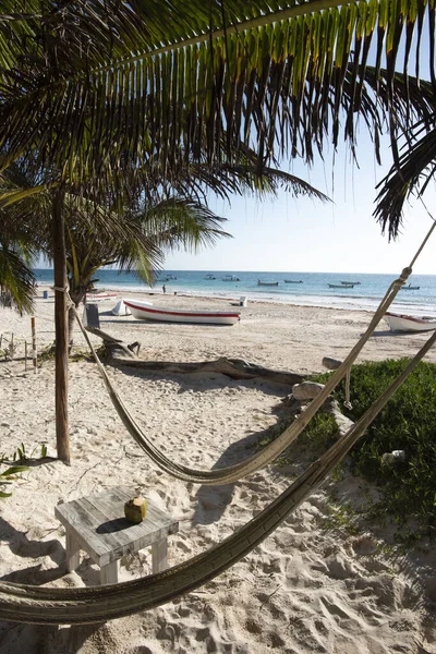 Hammocks Karibisk Strand Skuggan Palmer Bakgrunden Fiskebåtar Strand Tulum Mexiko — Stockfoto