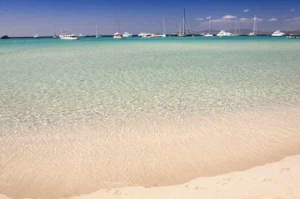 Illetas Sahili, Formentera, İspanya 'nın muhteşem panoramik manzarası. Gemi ve yatları sahile yakın demirlemiş.