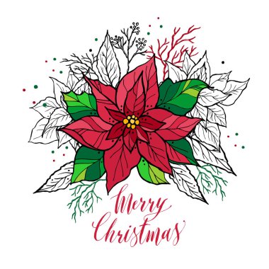 Christmas card of poinsettia with hand drawn lettering.  clipart