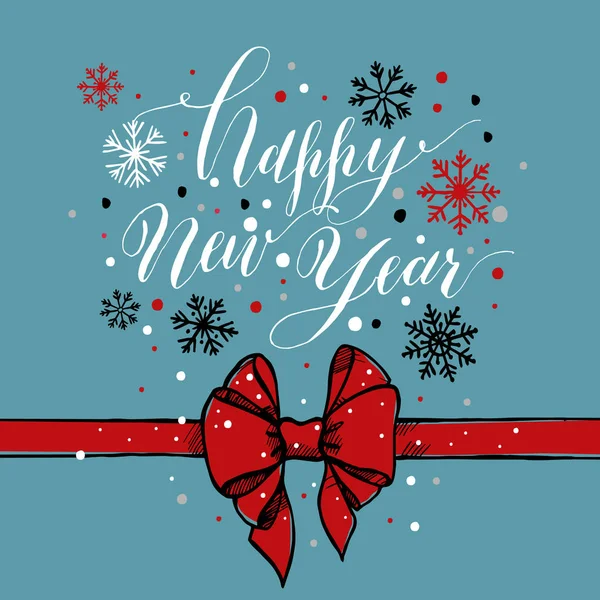 Kaligraficzny tekst szczęśliwego nowego roku z płatki śniegu i czerwona kokarda. — Wektor stockowy